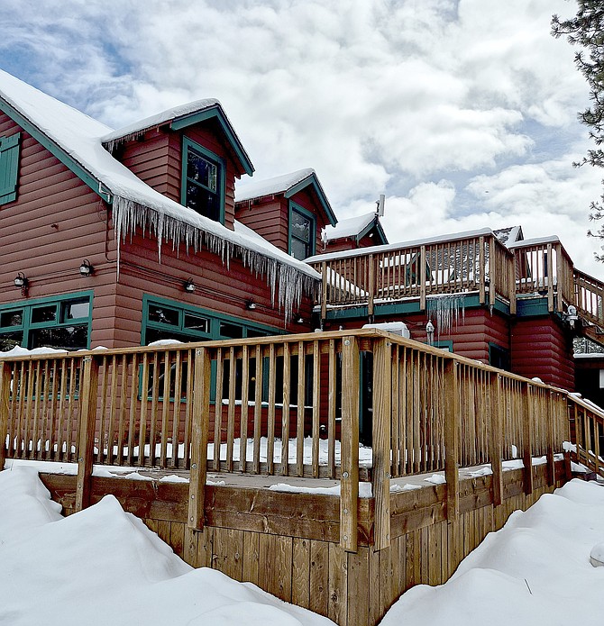 Snow at the Zephyr Cove Lodge on Saturday in this photo taken by Kathy Schuman