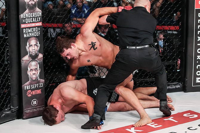 Sullivan Cauley gets interrupted by the referee for a stoppage while fighting for Bellator. Cauley will make his debut in the Professional Fighters League (PFL) on May 1 against Marcelo Nunez from Brazil.