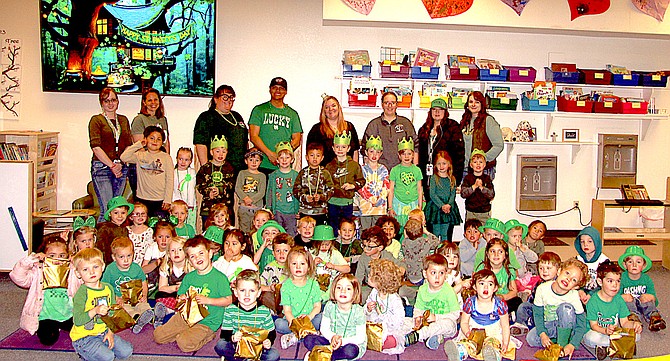 Trinity Lutheran Preschool and Daycare center teachers Thora Mortensen, Jacqueline Bertucci, LaShonda Munoz, Easton Rodriguez, Samantha Tierney, Elizabeth Williams, Sara Jane Smith, and Madelynn Mehoves pictured with classes Fox, Wolfpack, Sea Turtles, Butterflies and TK on Monday during the St. Patrick’s Day gold hunt.