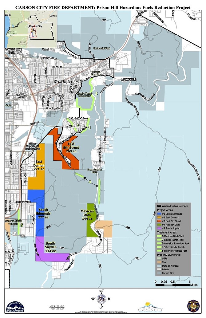 A map from Carson City showing areas in and around Prison Hill that would be part of fuels reduction and wildfire prevention efforts.