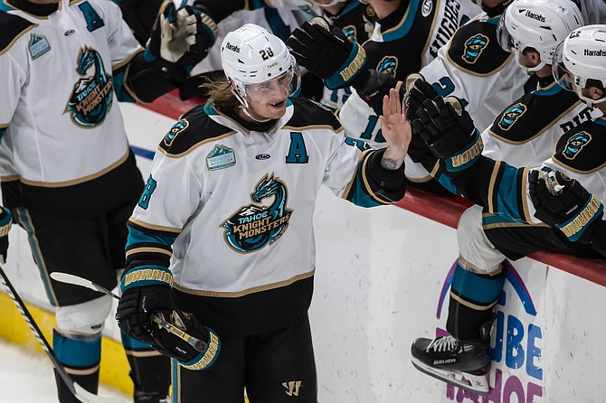 Tahoe forward Logan Nelson gets high-fives from the bench after scoring one of his two goals Wednesday during the Knight Monsters’ 5-1 win over Idaho. Nelson has 17 goals this season alongside 29 assists.