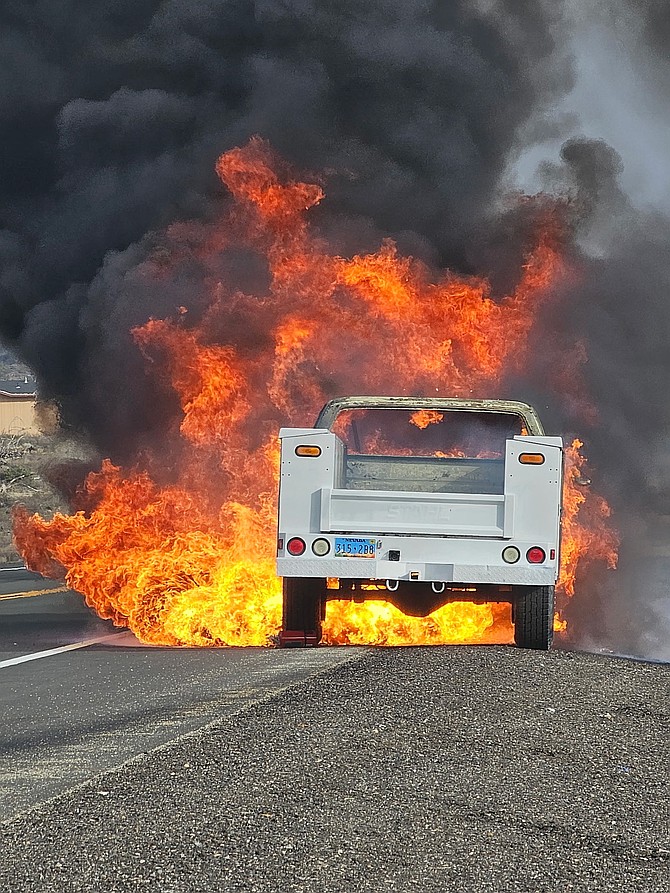 A truck fire occurred along Highway 395 near Leviathan Mine Road just after 5 p.m. Friday. Photo special to The R-C by Dan Flaherty.