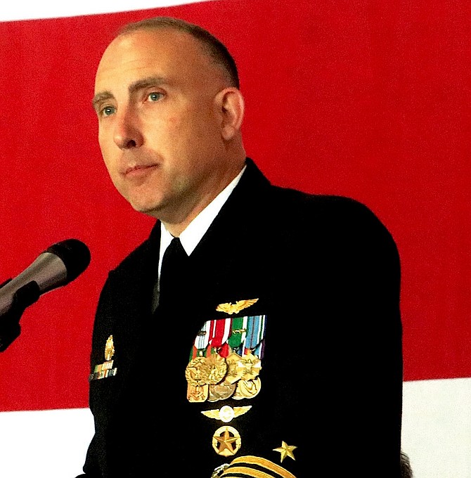 Incoming Naval Air Station Fallon commander Capt. Michael Haymon delivers remarks at Friday’s change of command.