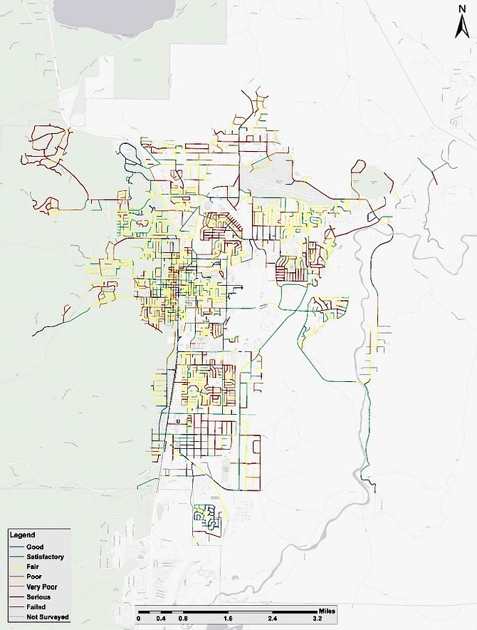 A map from Applied Pavement Technology showing Carson City roads color-coded by pavement condition index.