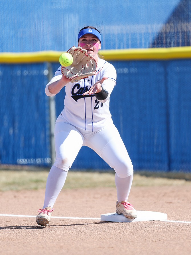 Kiele Franco makes a catch at first base earlier this season for Carson High softball. Franco had a pair of hits against Bishop Manogue on Tuesday, raising her batting average to .525.
