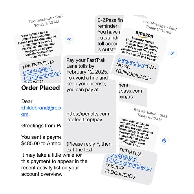 A small sample of the text scams that appear on my phone. To be clear, I haven't used any sort of toll road even once in this first quarter of the 21st Century.