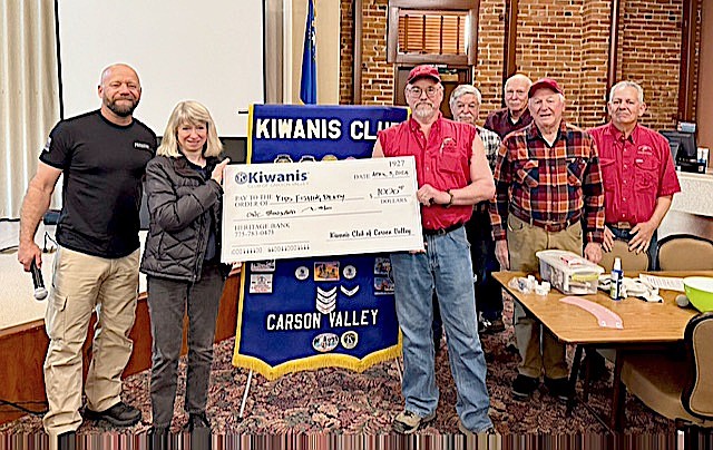 The Kiwanis Club of Carson Valley recently made a donation to the Kids Fishing Derby which will be held at Lampe Park June 7-8.  The Derby is free to all registered kids ages 3-12. Pictured are Kiwanis President Dan Hamer, Kiwanian Mary Maas, Derby representatives Stu Hill and Marshall Wilkinson, Kiwanian Bob Wellise, and Derby reps Tom Zegorski and Danny Lozano.  The Kiwanis Club contributes funds to various Douglas County, child oriented organizations, with proceeds from the Club’s various fund raising event.