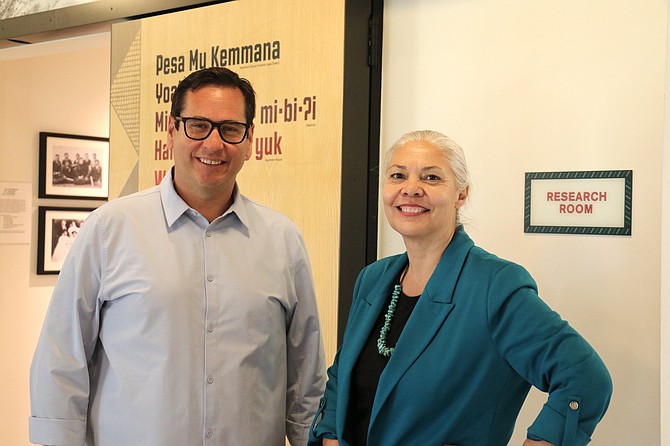 Nevada Secretary of State Francisco Aguilar and Nevada Department of Native American Affairs Executive Director Stacey Montooth on April 15, 2025, when Aquilar announced listening sessions with the state’s tribal nations about increasing voting services.