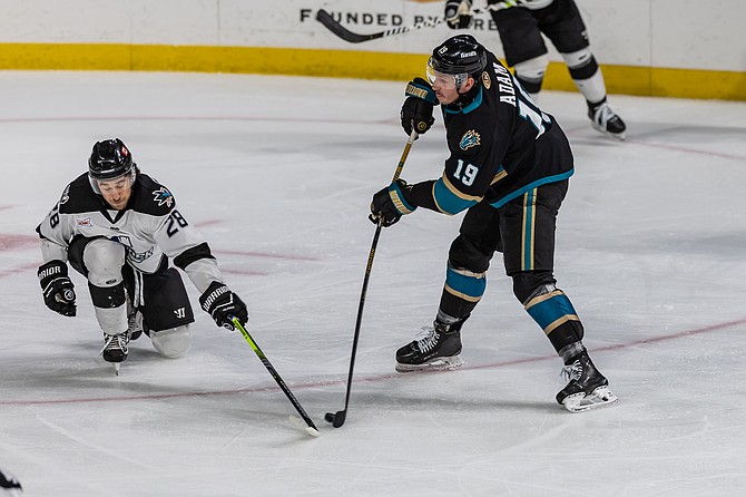 Tahoe center Luke Adam take a shot past a defender Saturday in the Knight Monsters’ regular-season finale at home. Tahoe clinched a playoff spot in its inaugural season and will be the No. 3 seed out of the Western Conference’s Mountain Division.