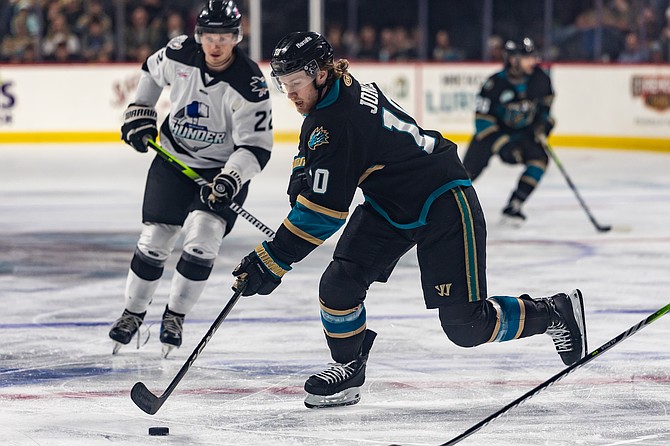 Jett Jones (10) cuts into the zone against Wichita during the final series of the regular season. Jones opened the ECHL Kelly Cup playoffs by scoring four times in one period in Tahoe’s Game 1 win over Wichita.