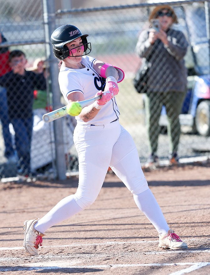 Carson High’s Kiele Franco turns on a pitch earlier this season. Franco boasts a .466 batting average this spring with four doubles, a home run and 14 RBIs.