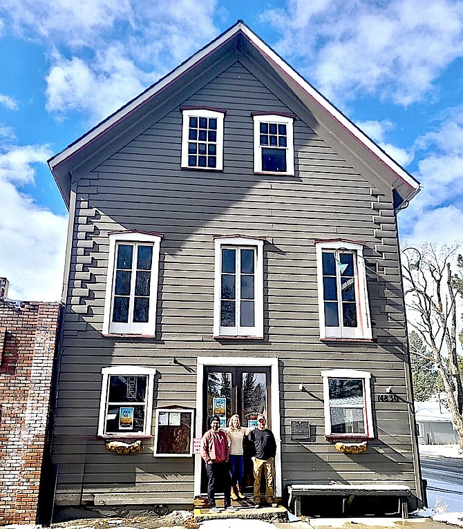 JT Chevallier, Ali Fite and Clint Celio in front of the Cutthroat Tavern in Markleeville.