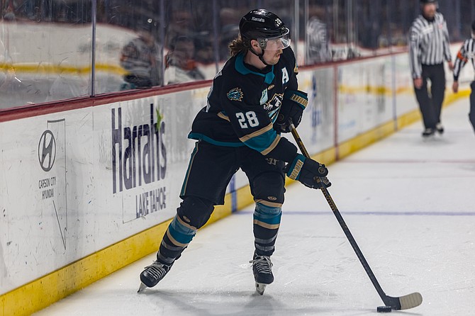 Tahoe Knight Monster assistant captain Logan Nelson skates up the boards while looking to pass earlier this season. Nelson leads the Knight Monsters in points in the ECHL Kelly Cup playoffs with eight.