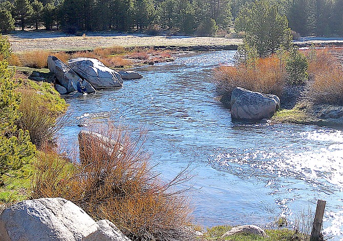 A lone angler sits on a rock along the West Fork of the Carson River in Hope Valley on Thursday morning.