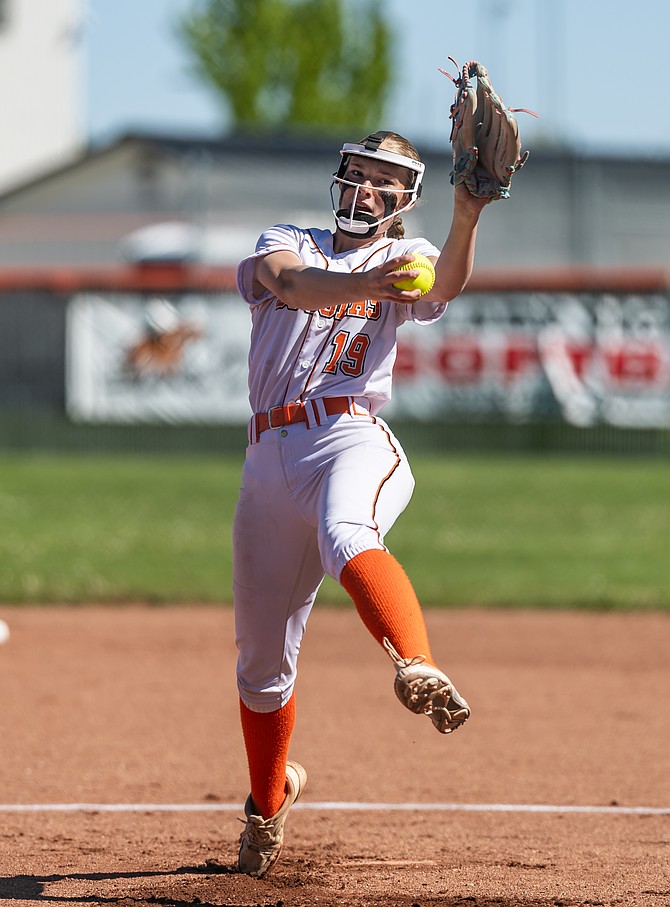 Douglas High School junior hurler Haylie Pledger delivers a pitch, during the Tigers’ Class 5A North region postseason opener. Pledger struck out five hitters and held the Mustangs to one hit through the first four innings.