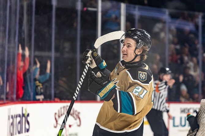 Sloan Stanick, the ECHL’s Rookie of the Year, celebrates a goal earlier this season for the Tahoe Knight Monsters. Stanick scored the first goal of Tahoe’s Game 1 loss to Kansas City on Sunday, 5-3.