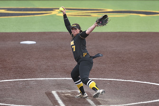 Douglas High School alumna Talia Tretton fires a pitch for the University of Iowa this spring. Tretton had a 3.39 ERA in 119.2 innings, recording 96 strikeouts.
