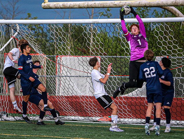 Lake Stevens Viking keeper, senior Brayden Vakimi, makes a save in the first period of the game between Glacier Peak and Lake Stevens May 2. The home team Glacier Peak Grizzlies scored first, but the Lake Stevens Vikings scored last. The Vikings sailed into the second half scoring twice and holding the Grizzlies scoreless.