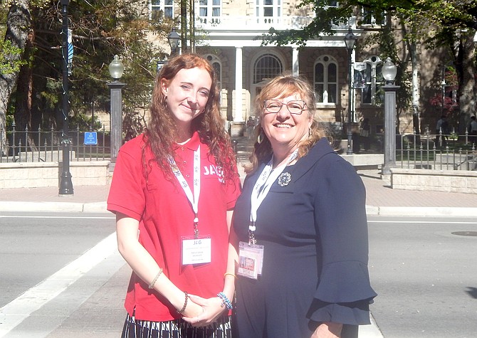 Douglas High School senior Stella Rae Bradley and Douglas High School’s JAG Specialist Susan McDonald in front of the Nevada Legislature on Tuesday.