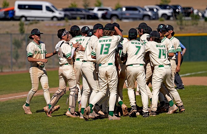 Fallon’s baseball team celebrates after defeating Truckee on Friday.