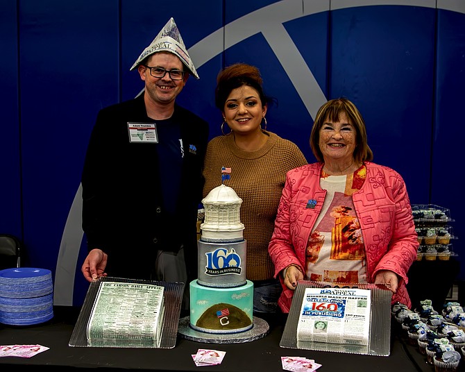 Nevada Appeal owner Adam Trumble (left), ‘young entrepreneur’ Thalia Chavez (center) and Carson City Mayor Lori Bagwell at Meet Your Merchant on May 17, 2025.