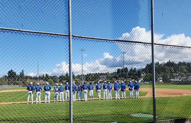 The Eatonville Cruiser baseball team lines up for player introductions prior to their district playoff game against Port Angeles.