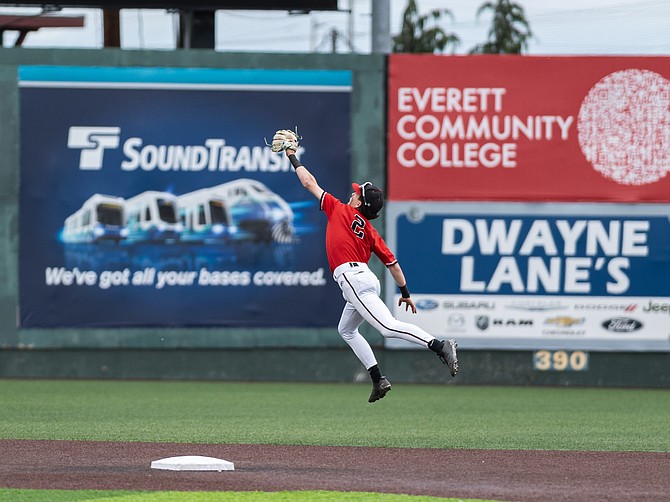 3A Districts: Snohomish’s Griffin Triggs makes a defensive stop in the game between Snohomish and Mount Vernon Tuesday, May 13 at Everett Veterans Memorial Stadium. Triggs also got hit by a pitch during the game.
Mount Vernon eclipsed Snohomish with a 6-3 win.
