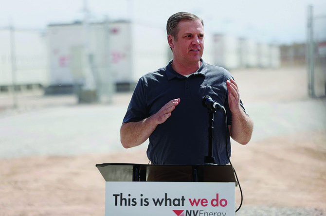 Doug Cannon, NV Energy president and CEO, speaks during the ribbon cutting of the Reid Gardner Battery Energy Storage System on April 25, 2024.