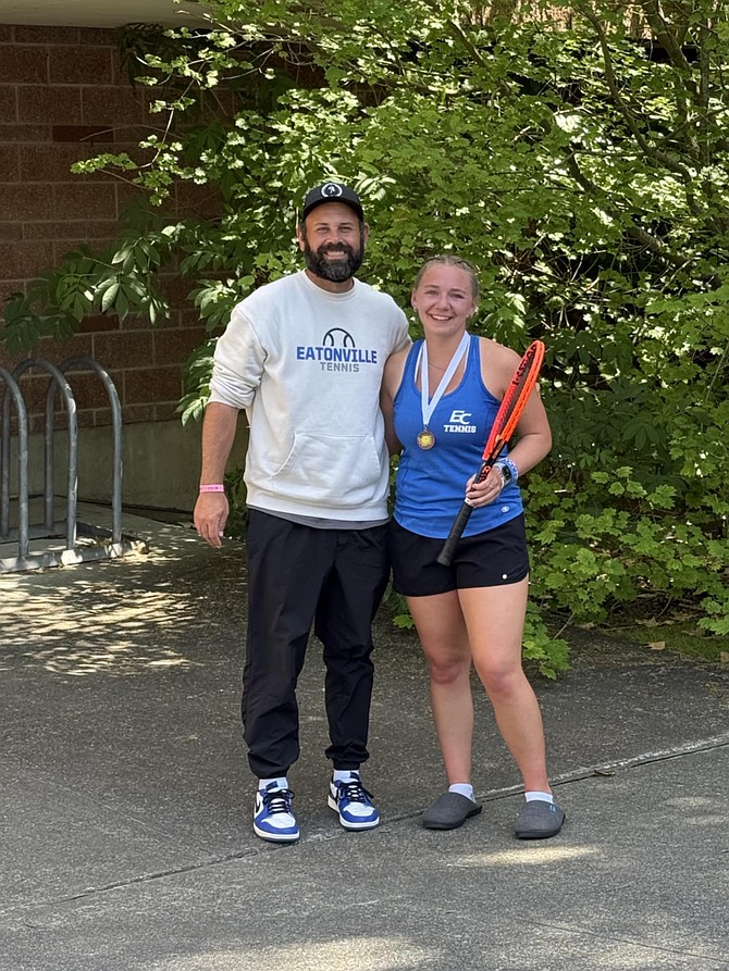 Eatonville’s Bailey Andersen poses with Head Coach Alex Christensen after securing a 7th place finish at the 2A Girls Tennis State Tournament—capping off a standout season with a medal-winning performance.