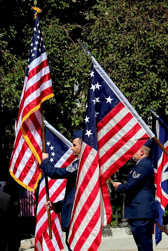 The Nevada Air Guard color guard present flags at a previous Flag Day ceremony in Carson City marking specific historical times in U.S. history. This year’s Flag Day is June 14 behind the state capitol.