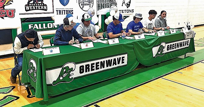 Seven Churchill County High School athletes recently signed letters of intent to play sports at the college level. From left: Manuel DeSantiago Tapia, track, Peru State College, (Neb.); Lonnie Adams, Arizona Christian, wrestling; Trevor Hyde, Montana Western, football; James Kelsey, Edmonds College (Wash.), baseball; Chase Carnahan, Miles College (Mont.), baseball; Anthony Juarez, Shasta College (Calif.), baseball; and Taralynn Vershum, Williston State (N.D.), softball.
