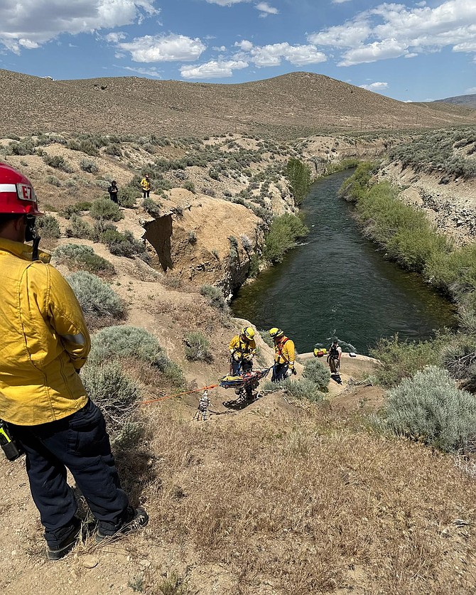 East Fork firefighters at the scene of a drowning near the outlet to Topaz Lake on Saturday afternoon. 
East Fork Fire Protection District photo