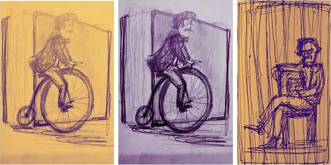Artist J. Charboneau submitted these designs of Mark Twain ‘with reference to his short story, Taming the Bicycle,’ as part of Carson City’s traffic box beautification project.