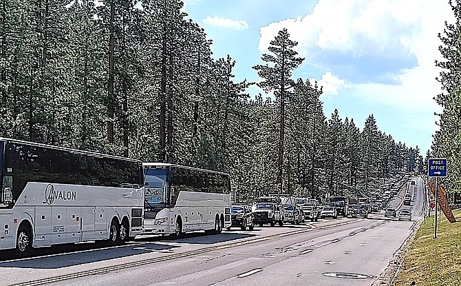 Traffic backed up on Highway 50 looking from Elks Point Road back toward Round Hill Pines. Photo special to The R-C