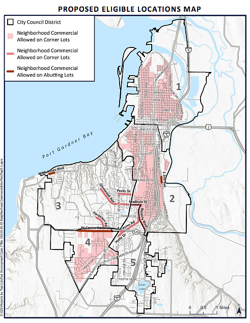 A map of where Neighborhood Commercial is proposed to be allowed within Everett pending council approval June 18.
