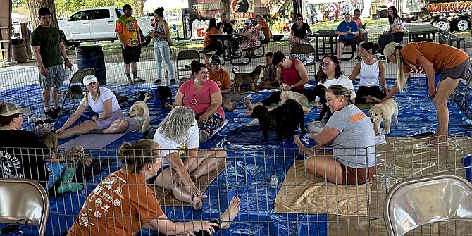 Instructor Misty Thibodaux leads the organized chaos of puppy yoga.