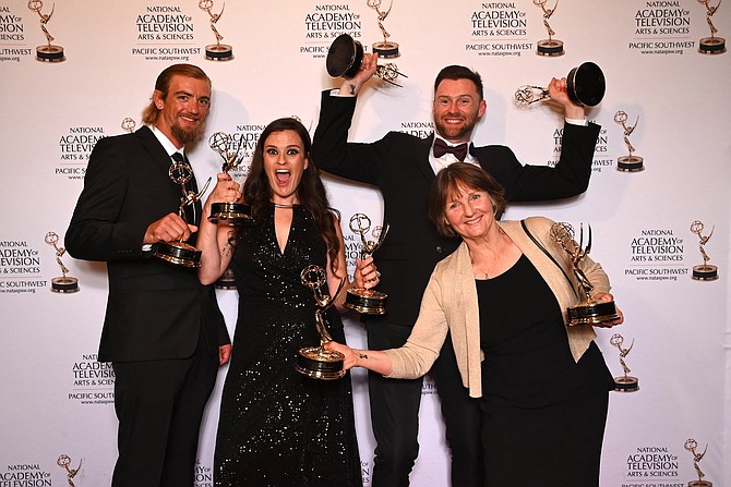 The Nevada Governor’s Council on Developmental Disabilities’ documentary “Our World in Our Words” received seven Emmys on June 21, 2025 in San Diego. From left, Matthew Nielsen and his wife and NGCDD Executive Director Catherine Nielsen, film producer Will Casaceli and Will’s mother Terry Casaceli receive the council’s awards.