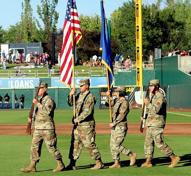 The Nevada Air National Guard color guard for Military Appreciation Night included, from left, Master Sgt. Javier Contreras, Master Sgt. David Almada, Staff Sgt. Nayada Omai and Senior Airman Will Mendez.