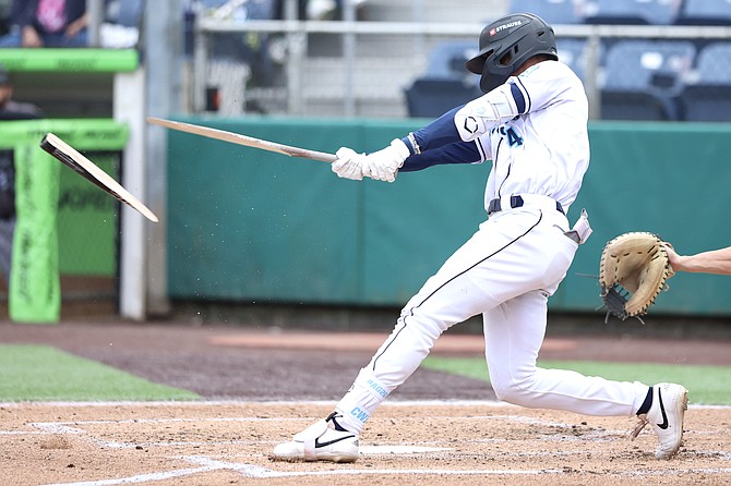Everett AquaSox outfielder Curtis Washington Jr. busts the bat on a hit during the June 25 of last week’s games during a homestand hosting the Eugene Emeralds the week of June 23.
The Emeralds beat the AquaSox in five out of the six games.
Generally, more than 1,200  fans bought tickets to each of the games of the AquaSox homestand, according to team reports.