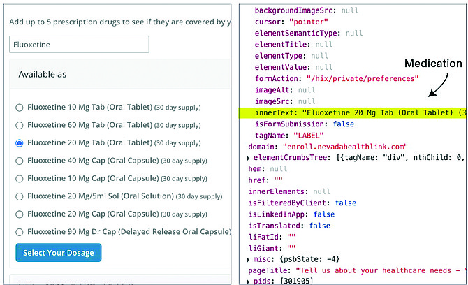 When an individual indicated that they took Fluoxetine, commonly known as Prozac, on Nevada Health Link, the information was sent to LinkedIn. (Screenshots via CalMatters)