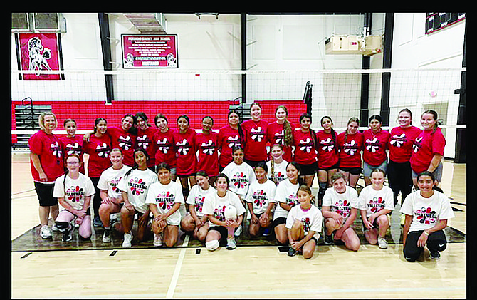 Little Spikers Volleyball campers and the Mustang volleyball team gather in the PCHS gym for three days of skills, games and fun.
