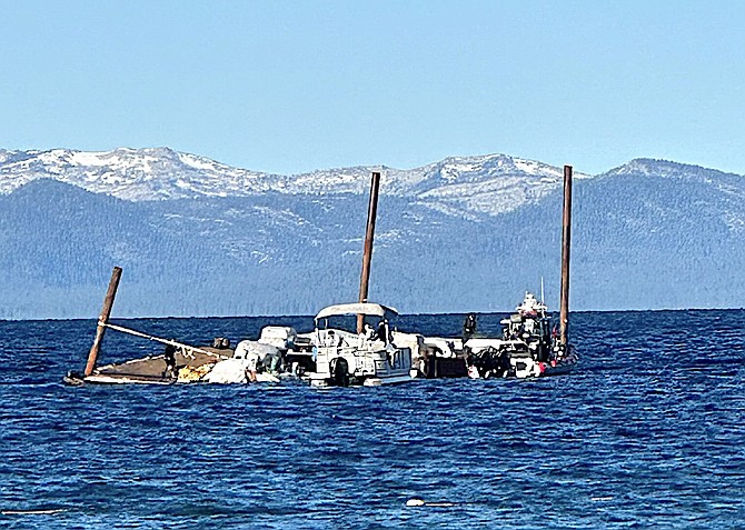 The Incline Village fireworks barge was damaged in a storm last night.
Washoe County Sheriff's Office photo