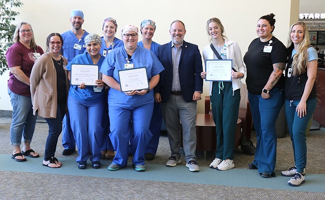 The Treasury Secretary at Nevada Zak Konin honored six health practitioners on July 17 at the Karson Tahoe Regional Medical Center with the Health Aid and Loans Award. From the left, the back row, Wes Frye, Aaren Porteur and Erin Waller. Front row: Holly Centil, Michel Miller, Received Second (Tania) Edith Rodriguez Mindosa, Received Jessica Young, Treasurer Zak Kunin, Received McCina Lavond, Gillian Arifalo and Jessica Souza.