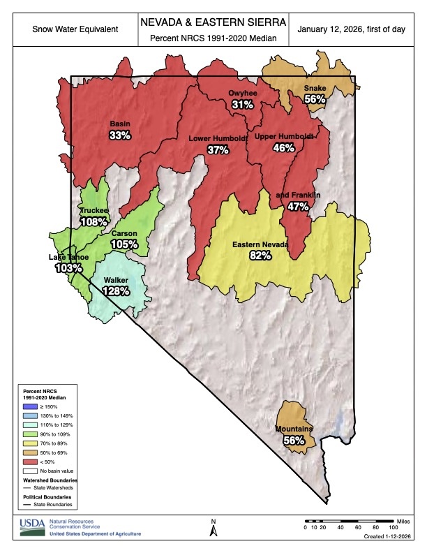 Sierra snowpack around average while eastern Nevada lags