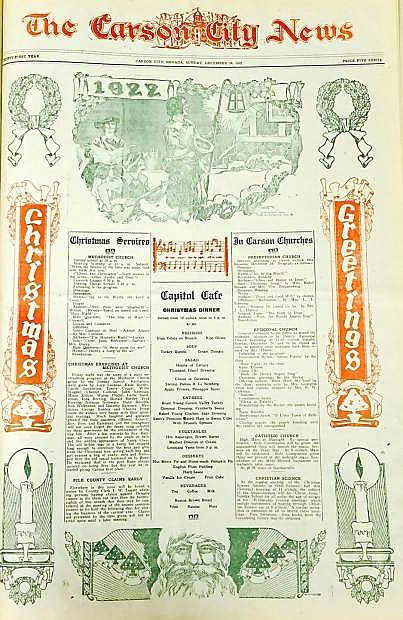 The front page of the Nevada Appeal, then the Carson City News, on Christmas Eve 1922. Christmas scenes are depicted, as well as Christmas services at Methodist, Presbyterian, Episcopal, Catholic, and Christian Science churches, in addition to  the Christmas dinner menu at Capitol Cafe.