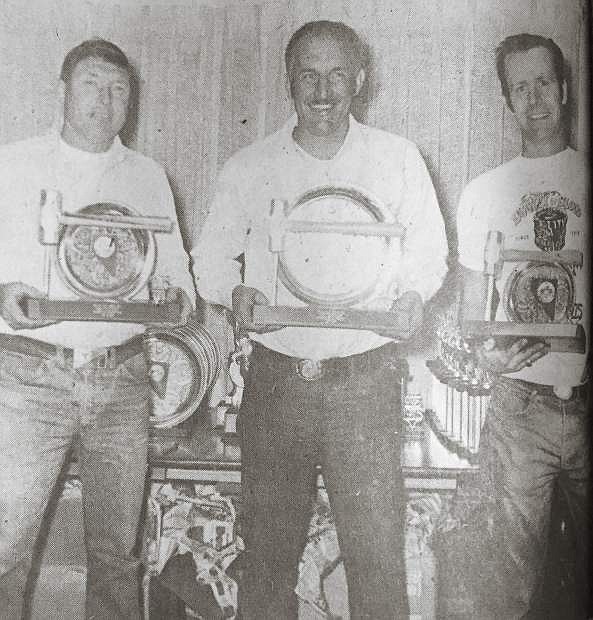 Winners in the first Nevada Day World Championship Single Jack Drilling Contest held just south of the Capitol, from left, Thomas E. Williams, second, Mike Smith, first, and Fred Andreasen, third.