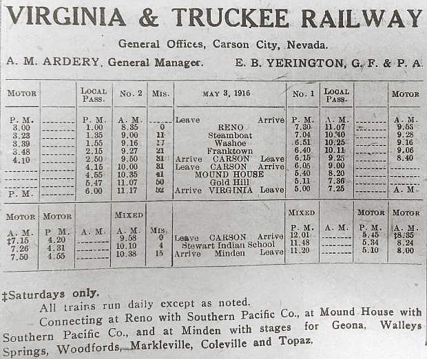 This V&amp;T Railroad schedule, nearly 100 years old, posts stops at Carson City, Mound House, Minden, Virginia City, Reno and others.