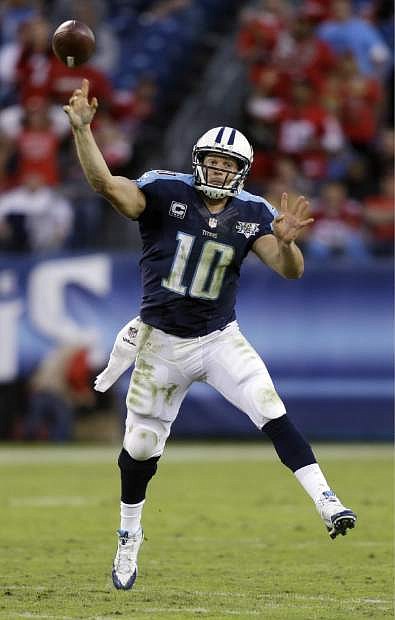 Tennessee Titans quarterback Jake Locker passes against the San Francisco 49ers in the fourth quarter of an NFL football game on Sunday, Oct. 20, 2013, in Nashville, Tenn. The 49ers won 31-17. (AP Photo/Wade Payne)