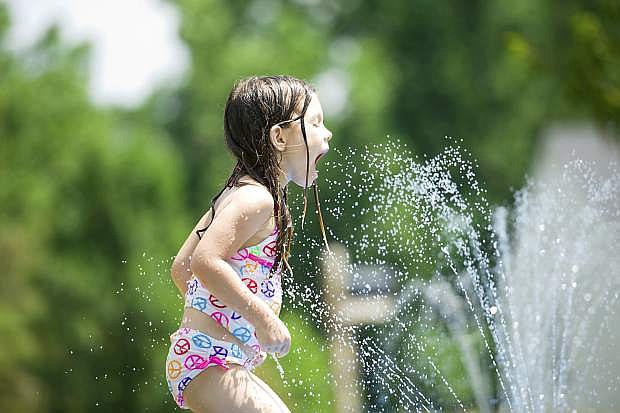 On a Hot Summer Day Little Girl Drinks From Sprinkler