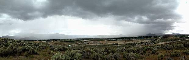 This panoramic image taken above the Fairview Drive roundabout shows the rain moving in.  More than a third-of-an-inch of rain was reported on the west side of Carson City.
